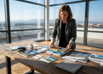 Podjetnica razvršča promocijske tiskovine in skrbi, da so materiali urejeni za naslednjo predstavitev.