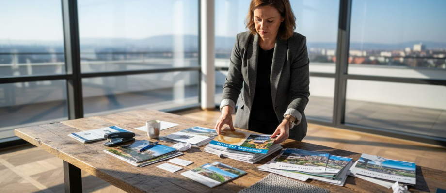 Podjetnica razvršča promocijske tiskovine in skrbi, da so materiali urejeni za naslednjo predstavitev.