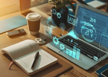 Delovno mesto z laptopm in beležko – holografske ikone poslovnih orodij za avtomatizacijo in produktivnost lebdijo nad zaslonom