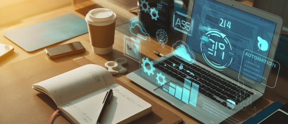 Delovno mesto z laptopm in beležko – holografske ikone poslovnih orodij za avtomatizacijo in produktivnost lebdijo nad zaslonom