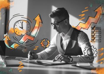 Podjetnik osredotočen na delo – ilustrirane ikone ure, rastočih grafov in kontrolnih seznamov simbolizirajo povečanje produktivnosti