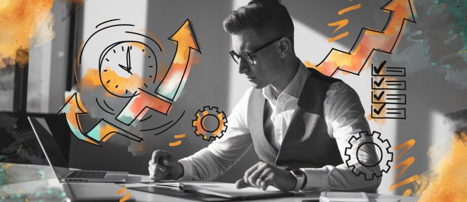 Podjetnik osredotočen na delo – ilustrirane ikone ure, rastočih grafov in kontrolnih seznamov simbolizirajo povečanje produktivnosti