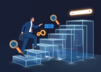 Poslovnež se vzpenja po digitalnih stopnicah proti Googlovi iskalni vrstici – vizualizacija SEO optimizacije za podjetja