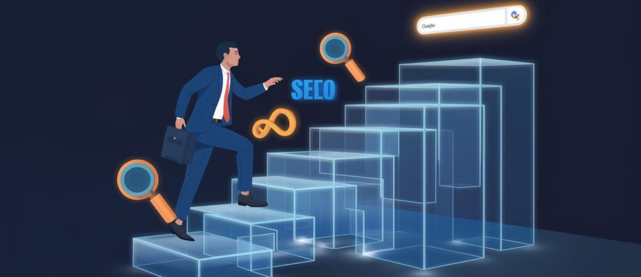 Poslovnež se vzpenja po digitalnih stopnicah proti Googlovi iskalni vrstici – vizualizacija SEO optimizacije za podjetja